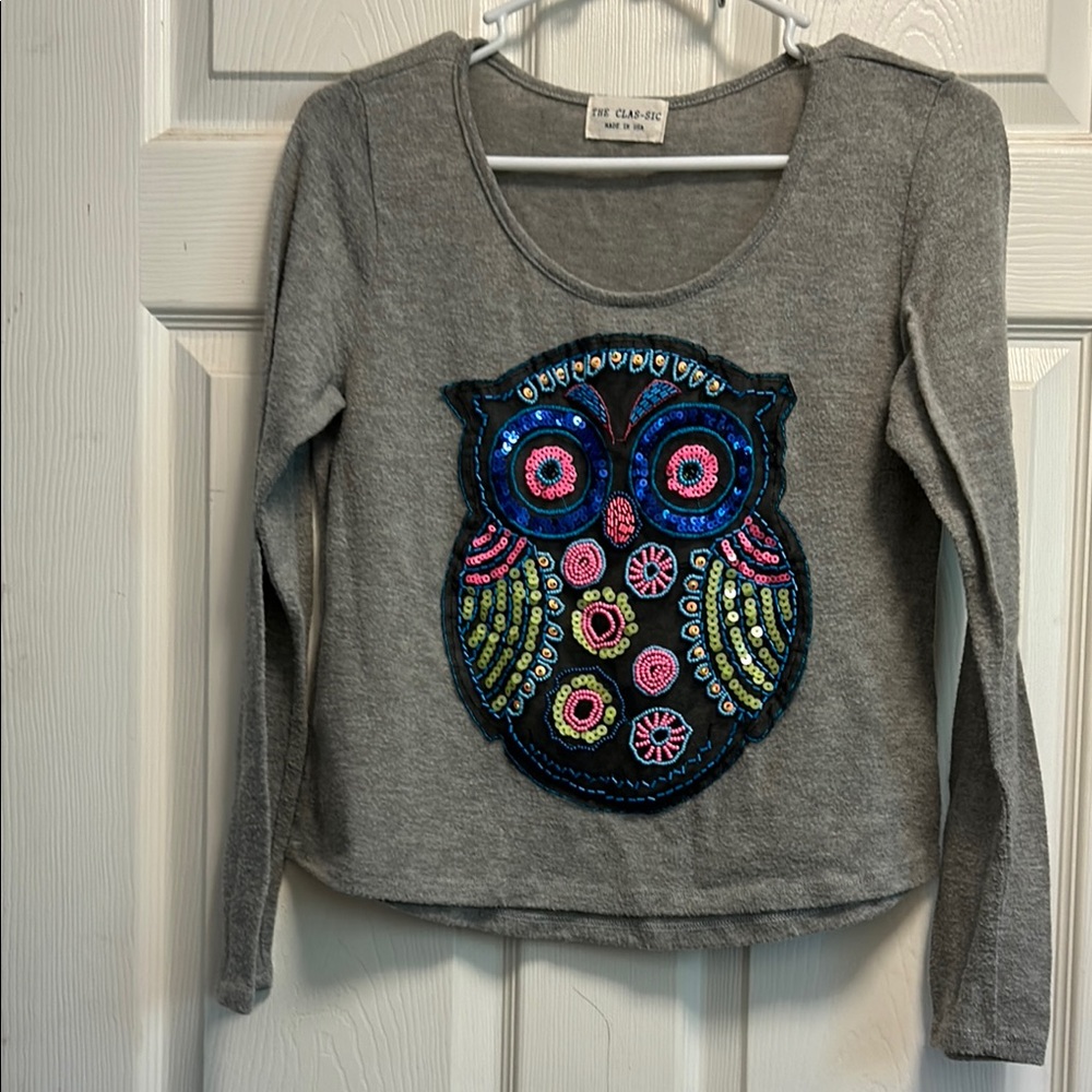 The Classic Gray and Blue Long Sleeve Tee with Owl Design